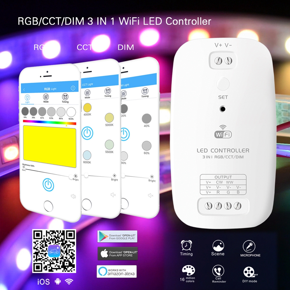 DC9V-24V RGB CCT DIMMER 3 IN 1 30-50 Meters Control Distance WIFI SMART APP LED STRIP LIGHT CONTROLLER WORK WITH AMAZON ECHO ALEXA DC9V-24V RGB CCT DIMMER 3 IN 1 30-50 Meters Control Distance WIFI SMART APP LED STRIP LIGHT CONTROLLER WORK WITH AMAZON ECHO ALEXA